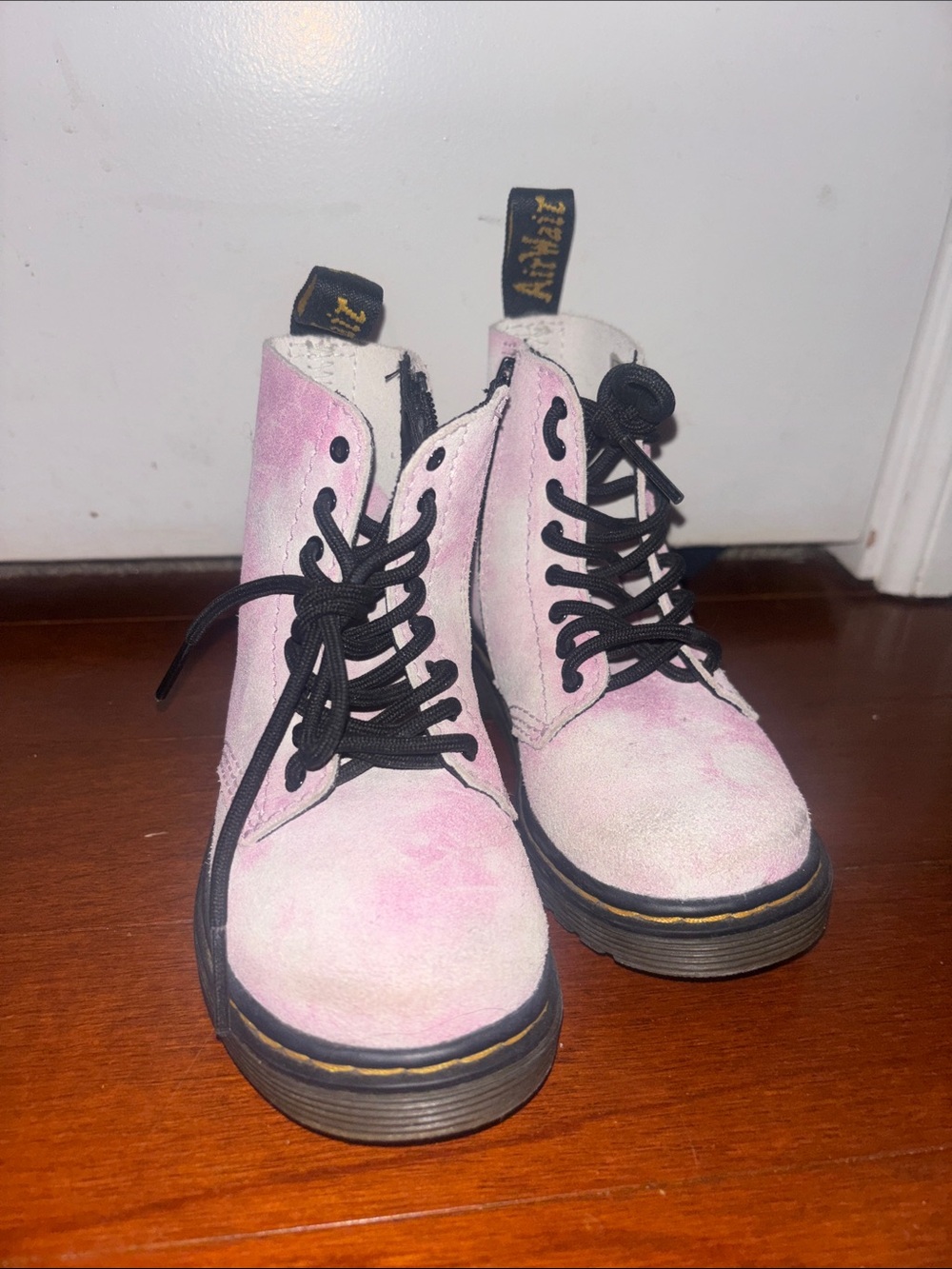 Dr. Martens Kids Pink Suede Lace-Up Boots with Black Laces